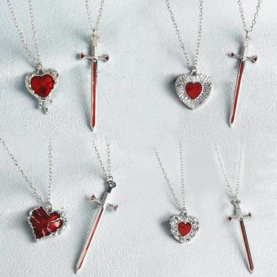 2pcs Gift Red Heart Heart Sword Necklace Couple Set Fashion Accessories Collarbone Chain Sweater Chains Men Women