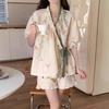 Chinese Style Lace Up Pajama Suit Flower V-Neck Shorts Sleeve Nightwear Women Homewear Loose Two Pieces Sleepwear Sets Home