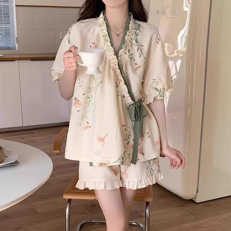 Chinese Style Lace Up Pajama Suit Flower V-Neck Shorts Sleeve Nightwear Women Homewear Loose Two Pieces Sleepwear Sets Home