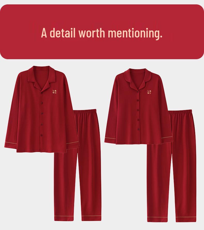 Unisex Wedding Couple Pajamas: Festive Red Pure Cotton Cardigan Set for Spring and Autumn