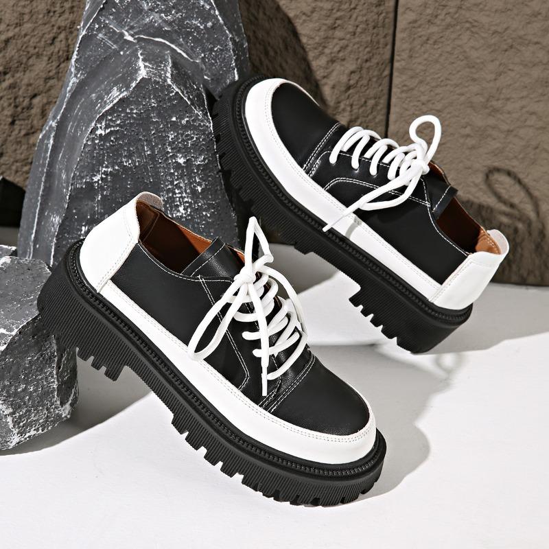 Retro women's spring and autumn new fashion versatile lace-up thick heel heightening single shoes British small leather shoes