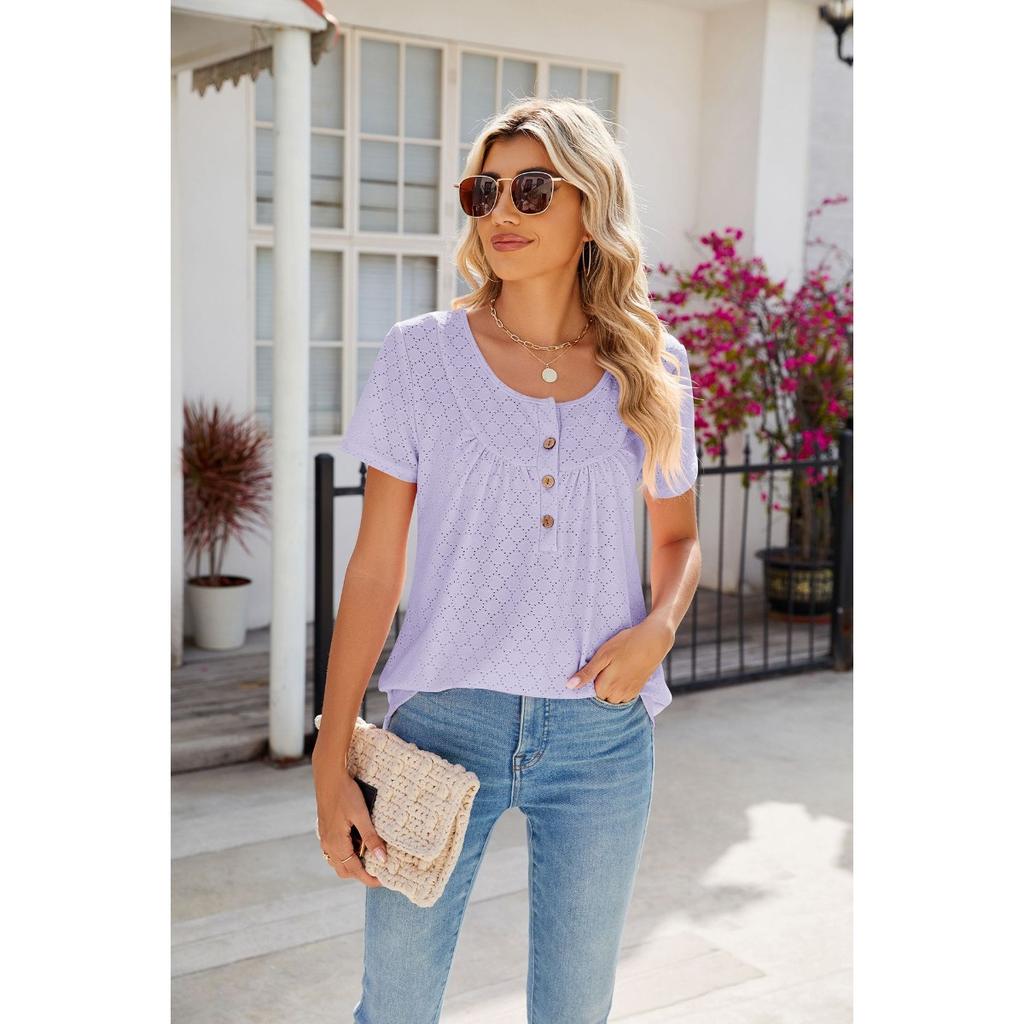Summer New Solid Color Crew Neck Buttoned Loose Short Sleeve T-Shirt for European and American Cross-border Trade Amazon Independent Station