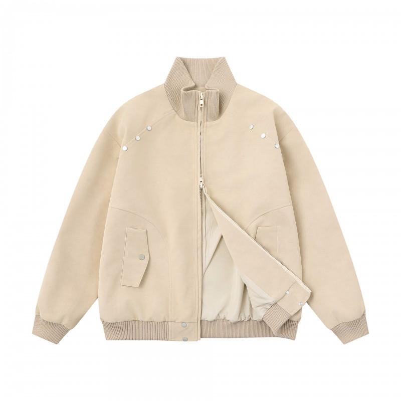 Unisex Retro Stand Collar PU Leather Jacket 2026 Casual Outerwear With Rivet Detail Loose Fit