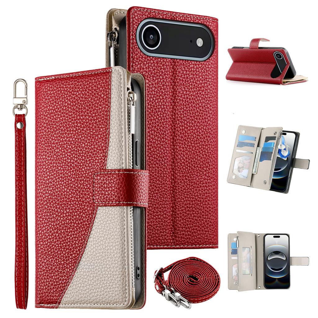 Für iPhone 17 Air Hülle Reißverschluss-Geldbörse Farbspaltung Leder Klapp-Handyhülle mit Riemen