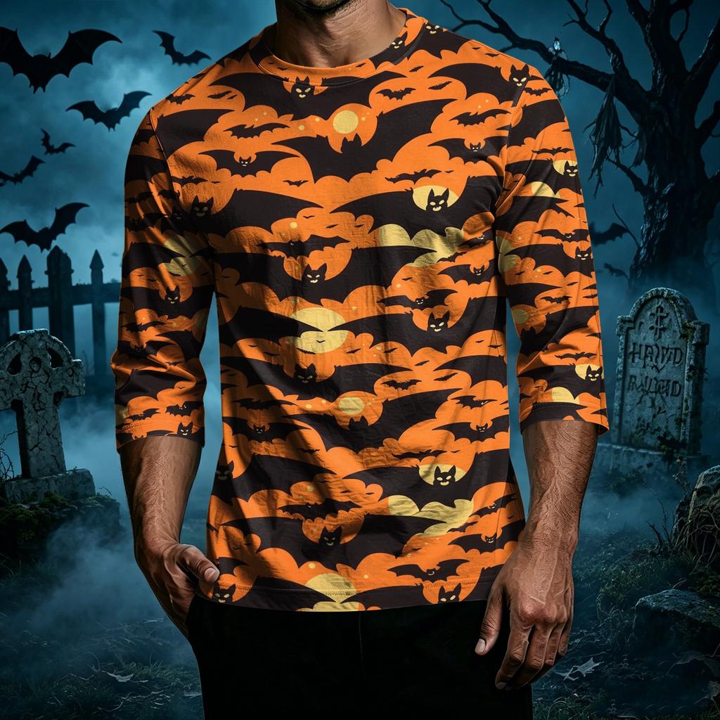 Men Casual Halloween Print Raglan Sleeve T Shirt Crew Neck Three Quarter Sleeve Top Lightweight Comfortable Fit