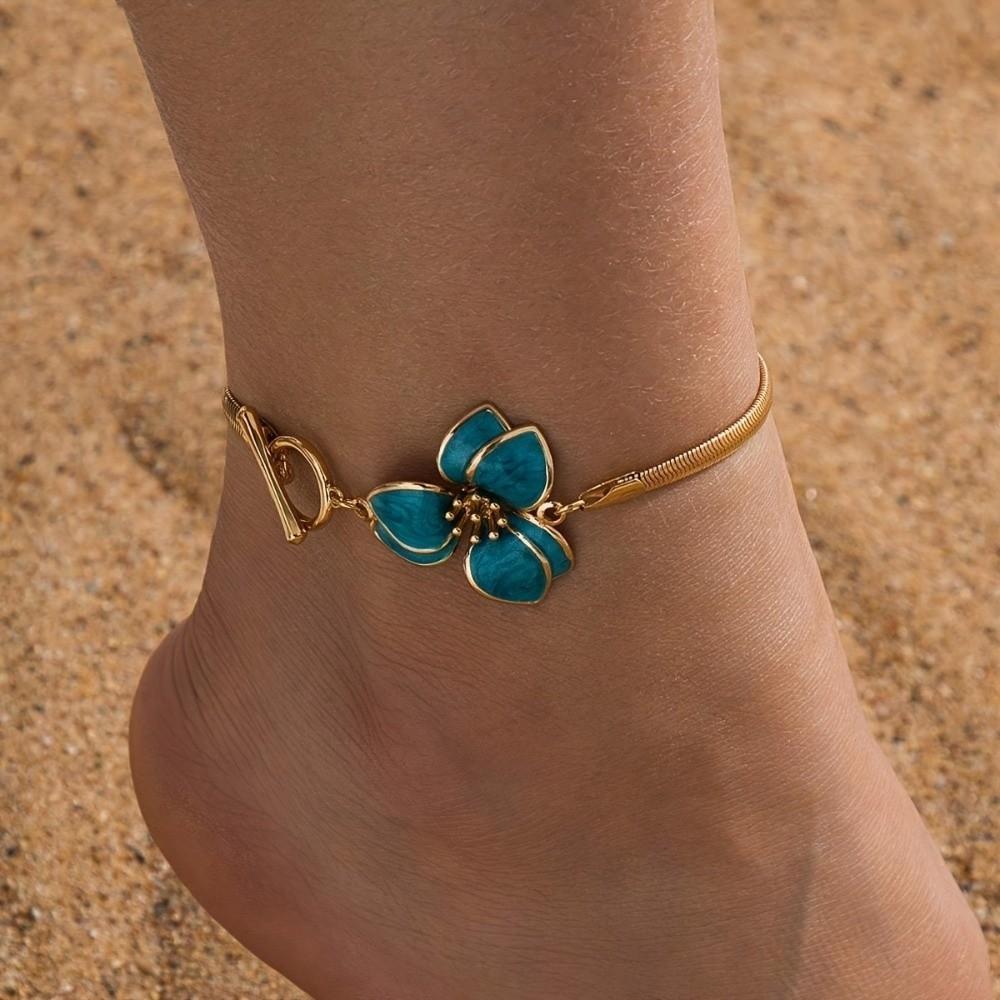 Gold Oil-Dripped Flower Pendant Anklet 3D Charm Beach Anklet Foot Chain Jewelry for Foot Jewelry