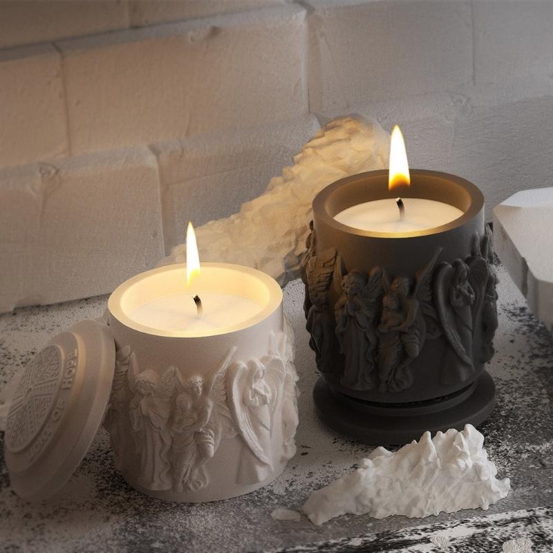 Silicone Storage Jar Mold with Lid Angel Statue Candle Holder Mould Set for Resin Cement Concrete and Plaster Craft Home