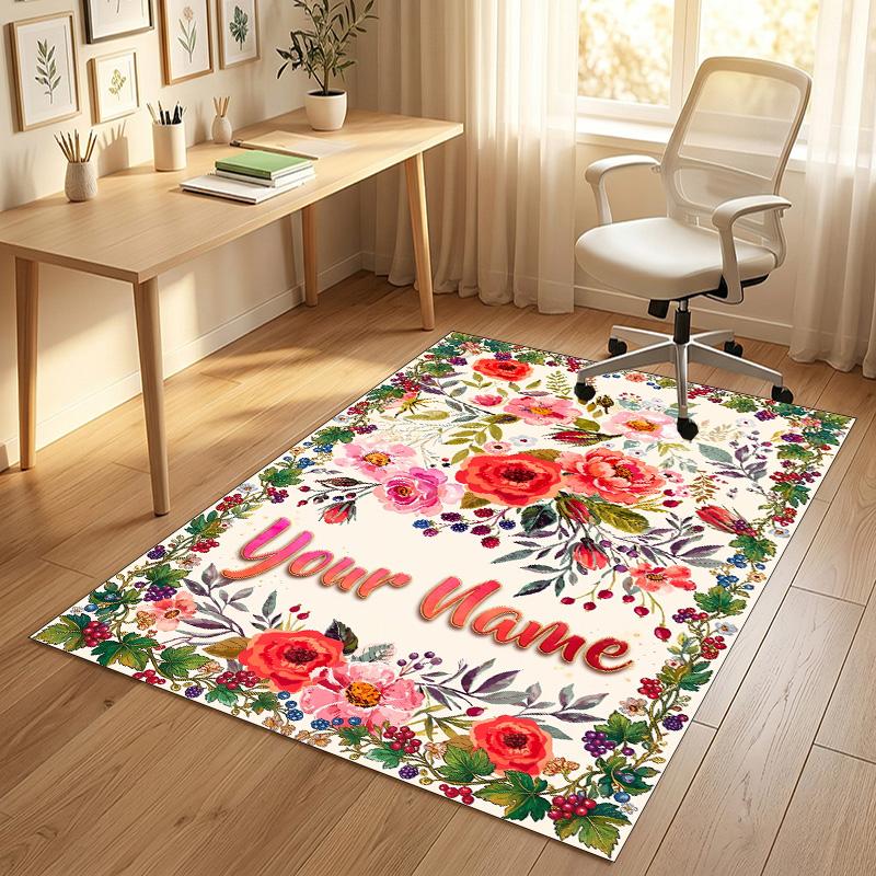 Floral Garden Theme Crystal Velvet Rug Personalized Custom Name Text Soft Floor Mat Home Decor
