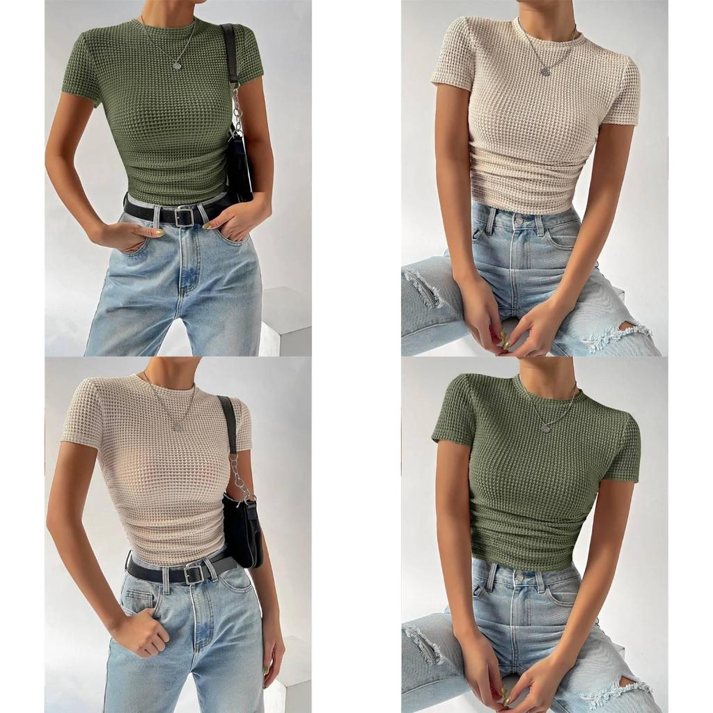 Spring Summer Slim Fit Knit Tshirt With Pleated Detail For Casual Streetwear