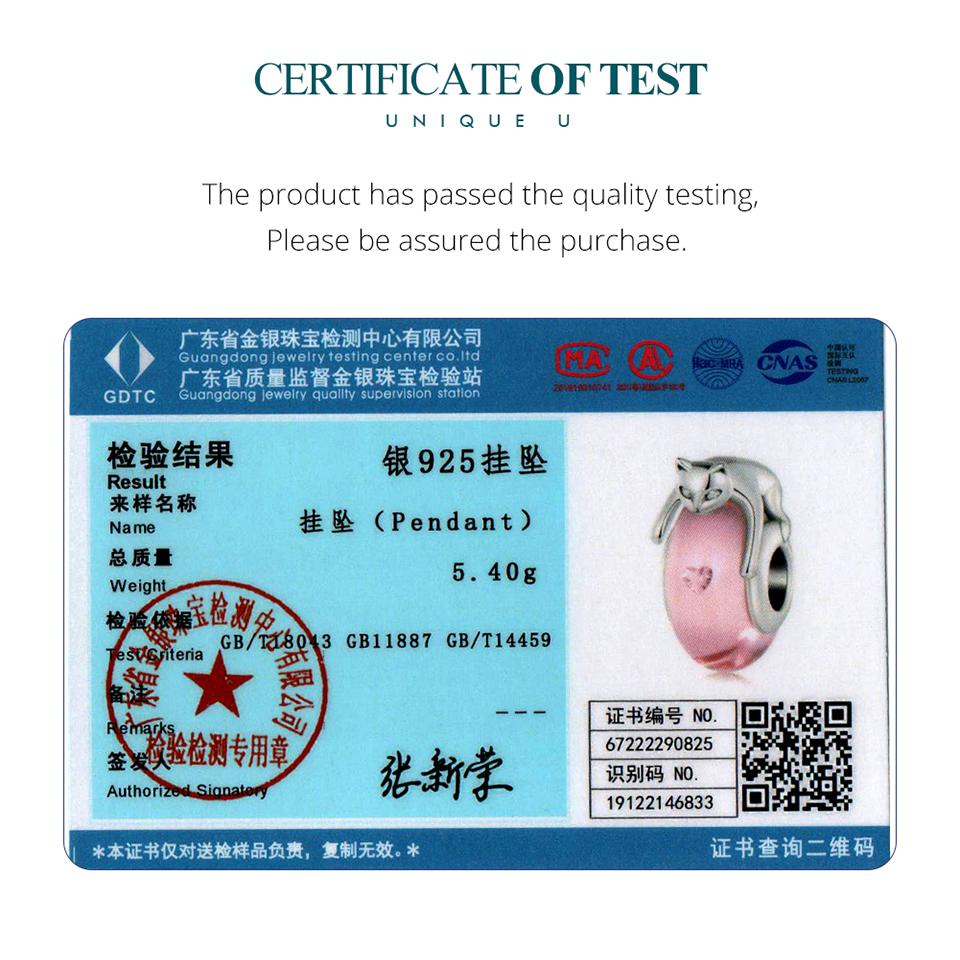 Bamoer 925 Sterling Silver Růžové skleněné korálky Stříbrné kočičí přívěsky Kubické zirkonie pro ženy Originální náramek jemné šperky