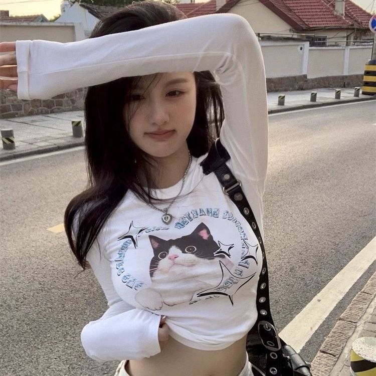 Girls Cartoon Tees Long Sleeve Women Y2K Tops Inner Tops Cute Street Wear