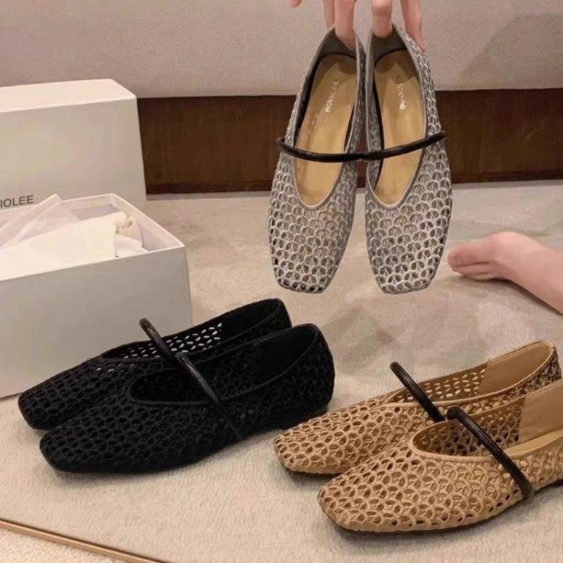New Popular Square Head Hollow Woven Casual Comfortable Women's Flat Shoes Cut-out Mary Jane Single-layer Shoes Fishnet Shoes