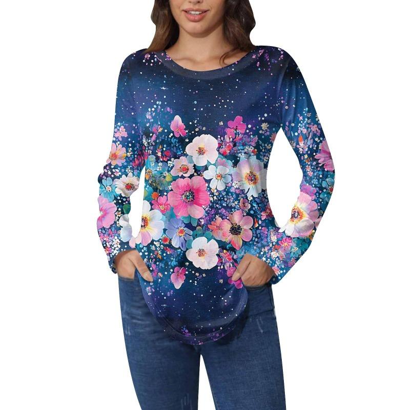 Shirts for Women Cute  Vintage Pattern Print T-Shirt Long Sleeve Tunic Tops Cotton Pullovers T-Shirts Women’s