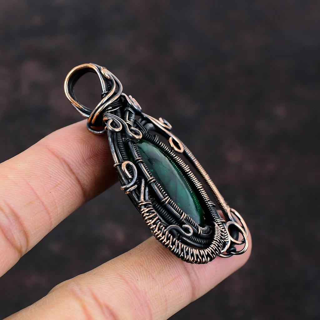 Dark Green Fire Labradorite Pendant Copper Wire Wrapped Gemstone Pendant Dainty Copper Jewelry Handmade Pendant Amazing Pendant Gift For Her