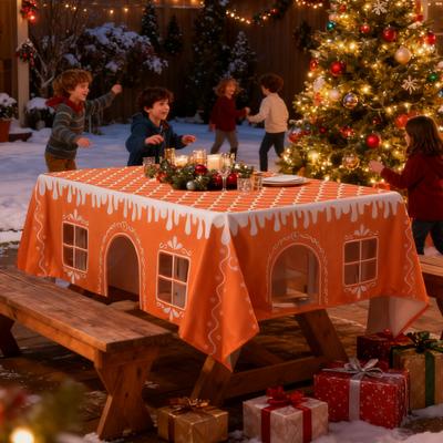 Christmas Gingerbread House Tablecloth 7.55 X 9.84 Ft Tablecloth with Cut-Out Door Windows Table Cover Playhouse for Family Gathering Party Supplies