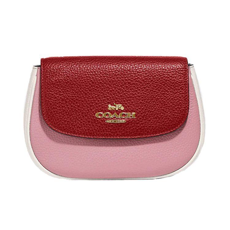 Coach Pink Red Colorblock Pebbled Leather Mini Saddle Crossbody Bag for Daily Use Basic Set (Bag+Dust Bag)