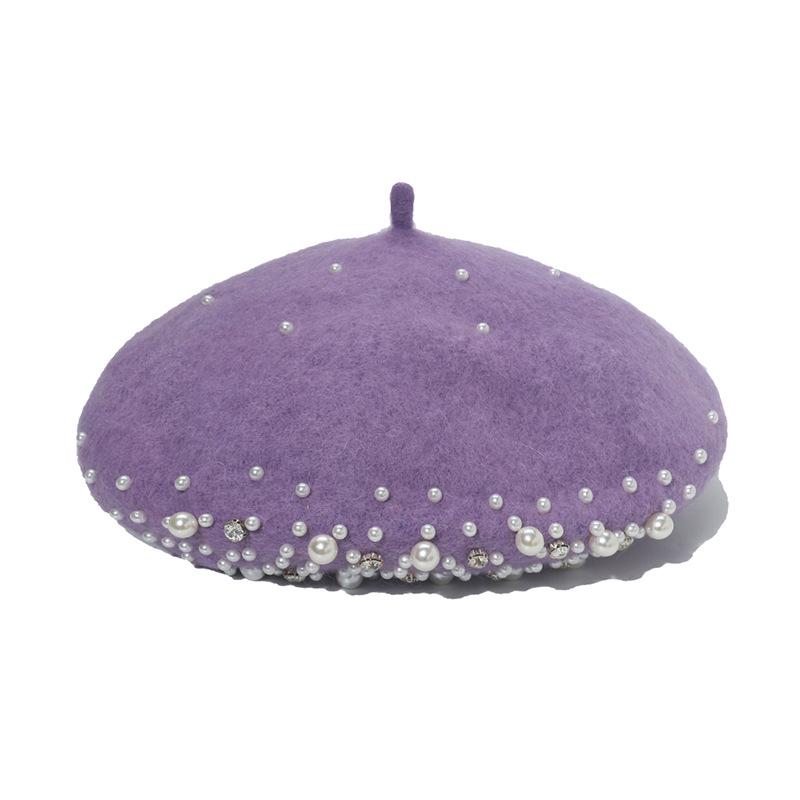 Women Fashion Wool Beret Custom Elegant Girls Beret with Pearl Rivets Wool Beret for Lady