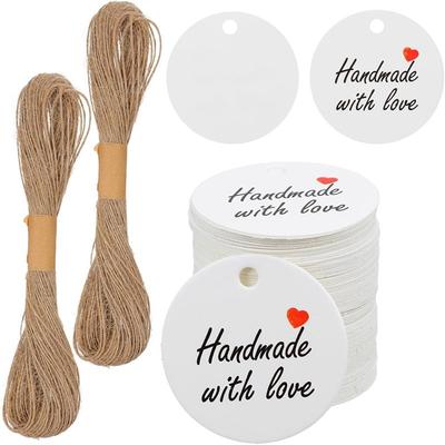 CYCLI-Handmade With Love 200Pcs White Paper Gift Labels, For Home Crafts, Candles Tins, Weddings With 1.2" Round Tags& Twine Str