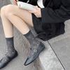 Spring and Summer Socks for Women: Thin Combed Cotton Mid-calf Socks with Mesh, Black Ear Trim, Bow, Long Calf Pile Socks