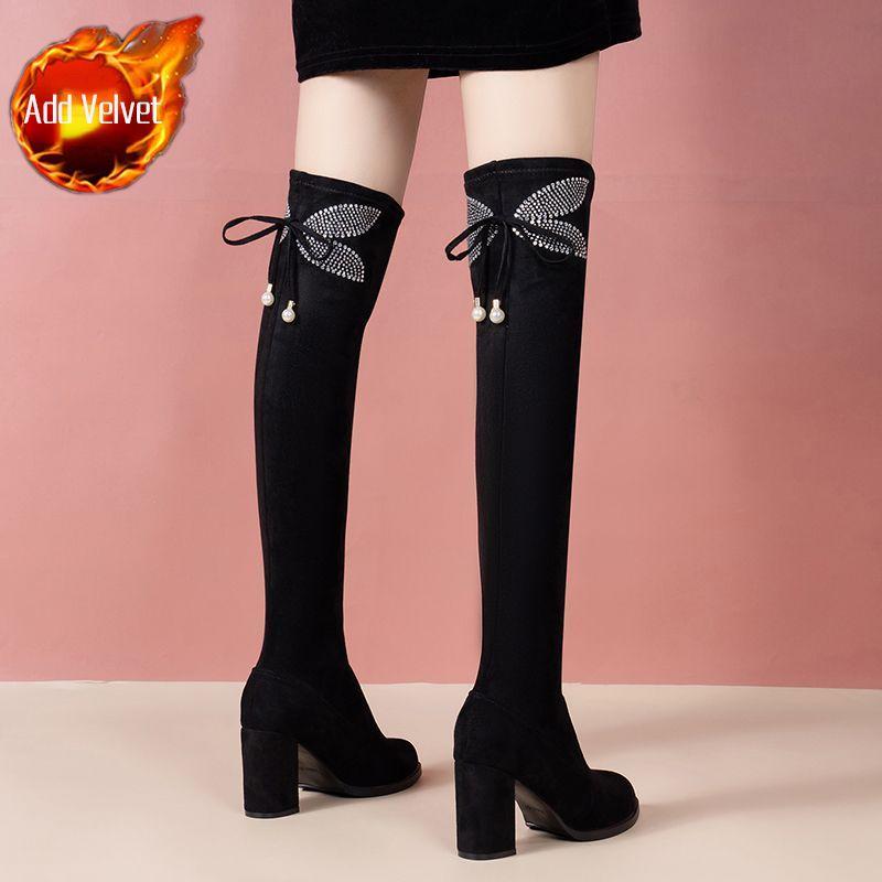 Fashion Elegant Heeled Rhinestone Round Toe Above Over The Knee Shoes Woman Autumn Winter Fleece-Lined Black Thigh High Boots for Women