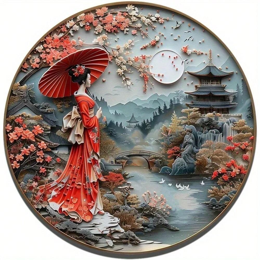 Metal Tin Sign Vintage Geisha Lady Wall Art Round Plaque Home Office Door Decor