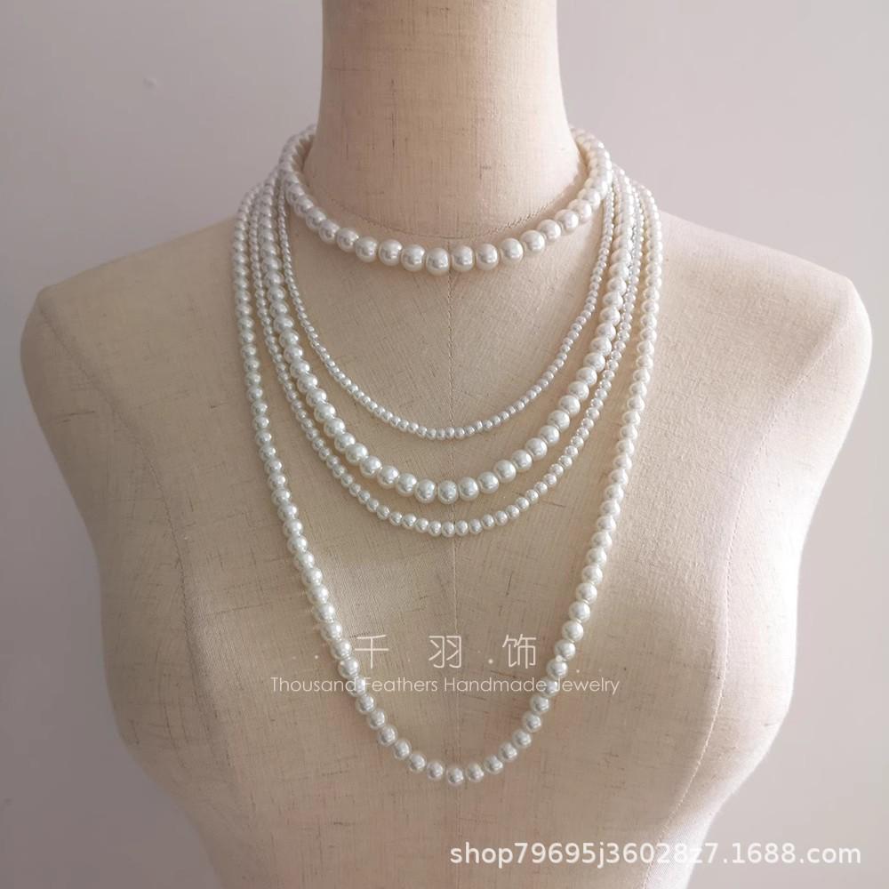 Vintage Hepburn Pearl Necklace Long Multilayer Sweater Chain Bridal Wedding Photography Cheongsam Styling Accessories