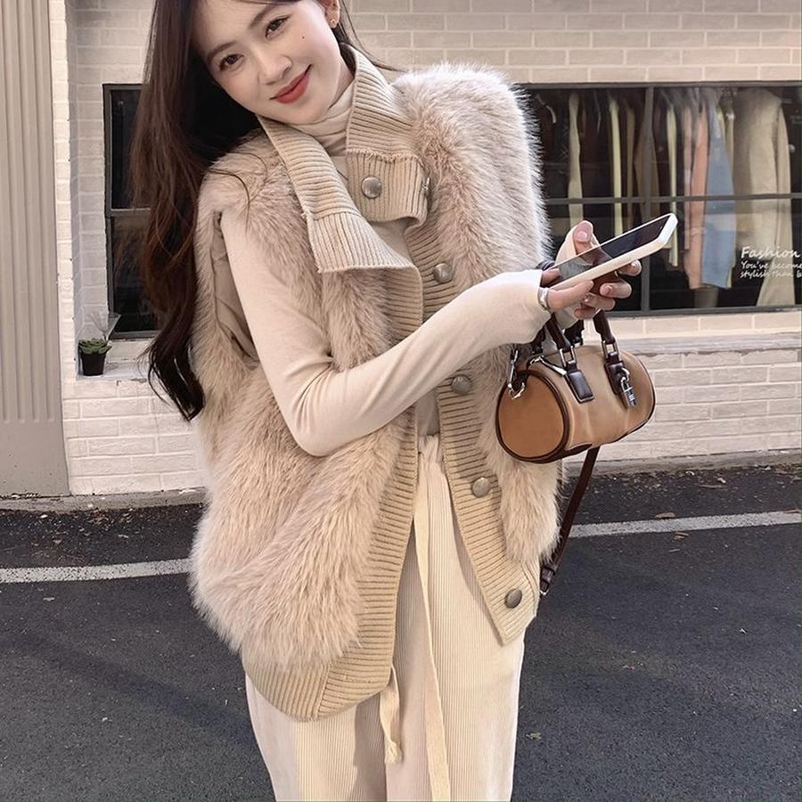Korean Style Stand Collar Faux Fur Knit Sweater Women's Coat Autumn Winter New Style Loose Elegant Knit Cardigan