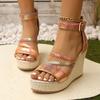 Laser Pink Narrow Band Sandals Women Round Toe Chunky Platform Wedge Heel Sandals Brand Design Ankle Strap Party Shoes