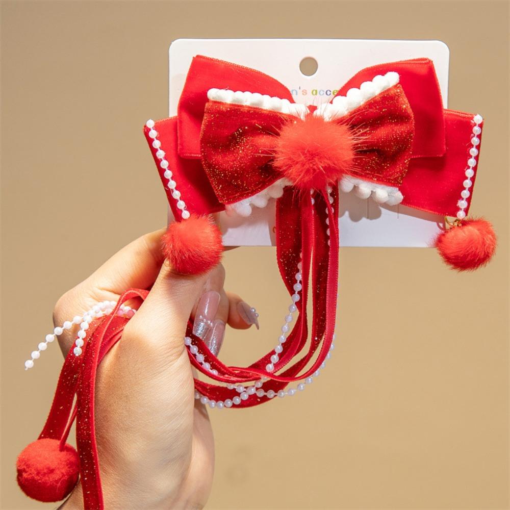 Tassel Red Bow Hair Clip Lion Embroidered Bow Headwear Children's Chinese Hairpin Decoration