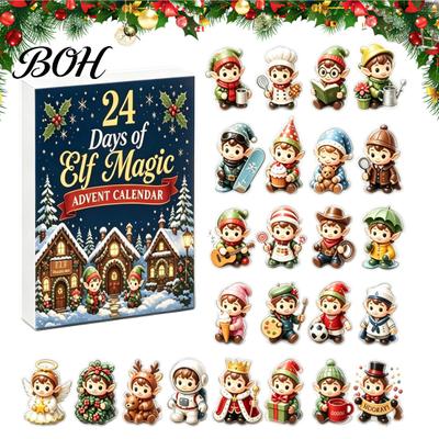 Christmas Decorative Hanging Charms Magic Elf Advent Calendar, 24 Day Acrylic 2D Ornament Set with Creative Holiday Desk Accessories Cute Mini