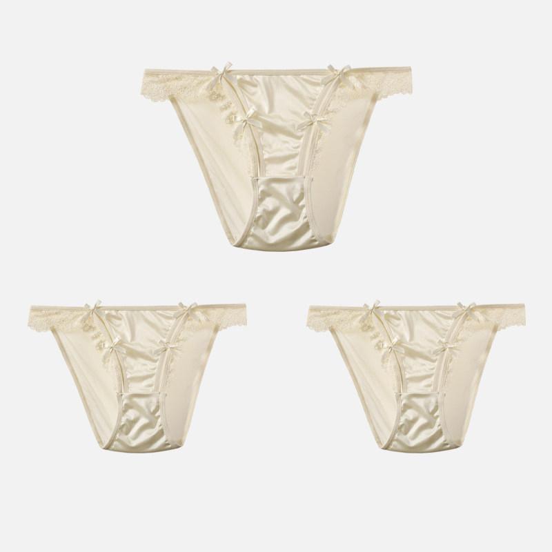 CINOON 3Pcs/Lot Women's Satin Sexy Briefs Lace‑Trim Mesh Spliced Panties Bow‑decor Solid‑Color Hollow‑out Bikini Briefs