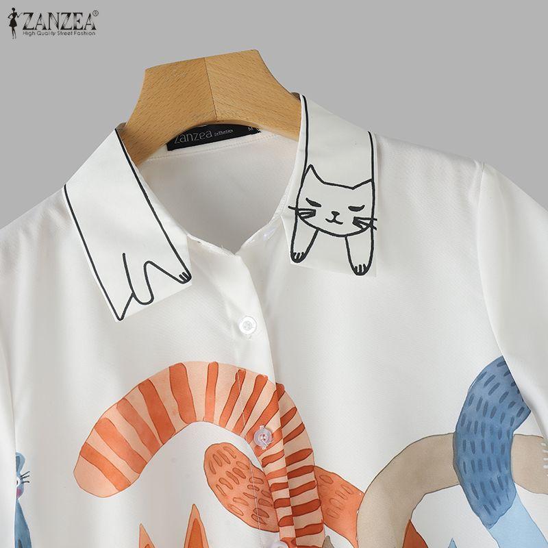 ZANZEA Women Casual Turn Down Collar Short Sleeve Loose Print Blouse