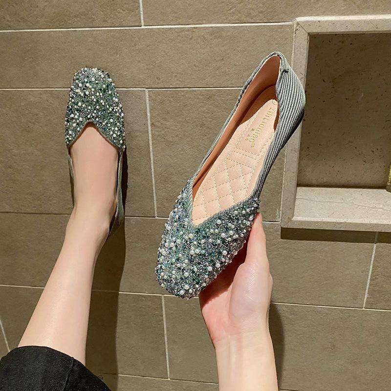Women's Pearl Beaded Flats Shoes Spring Square Toe Loafers Female Shallow Slip On Mocasines Mujer Sequined Ballets Shoes Ladies