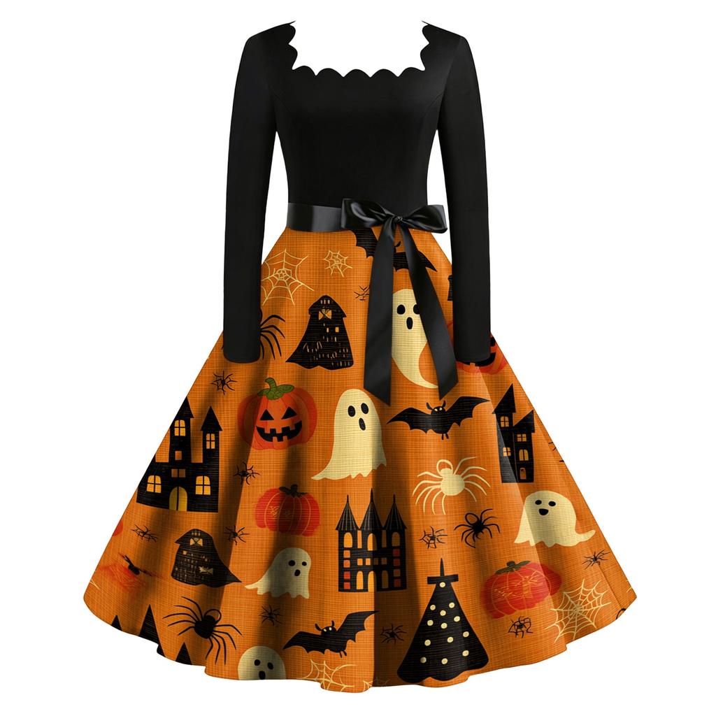 Vintage Long Sleeve Square Neck Halloween Party Dress with Printed Skirt and Waist Tie Retro Style Midi Dress for Women