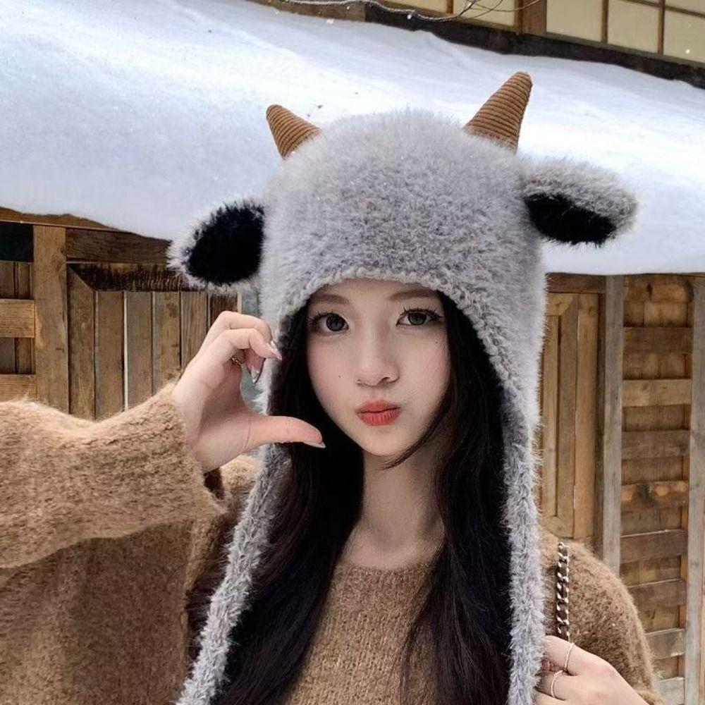 Fleece Lined Knitted Hat Korean Style Sheep Horn Hat Cute Trapper Hat Cold Weather