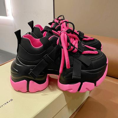 Tênis da Moda Feminina de Plataforma Alta 2025 Novo Outono Respirável Chunky Dad Sapatos Casuais 7,5CM Solado Grosso Tênis de Treino Tênis de Couro Mulher