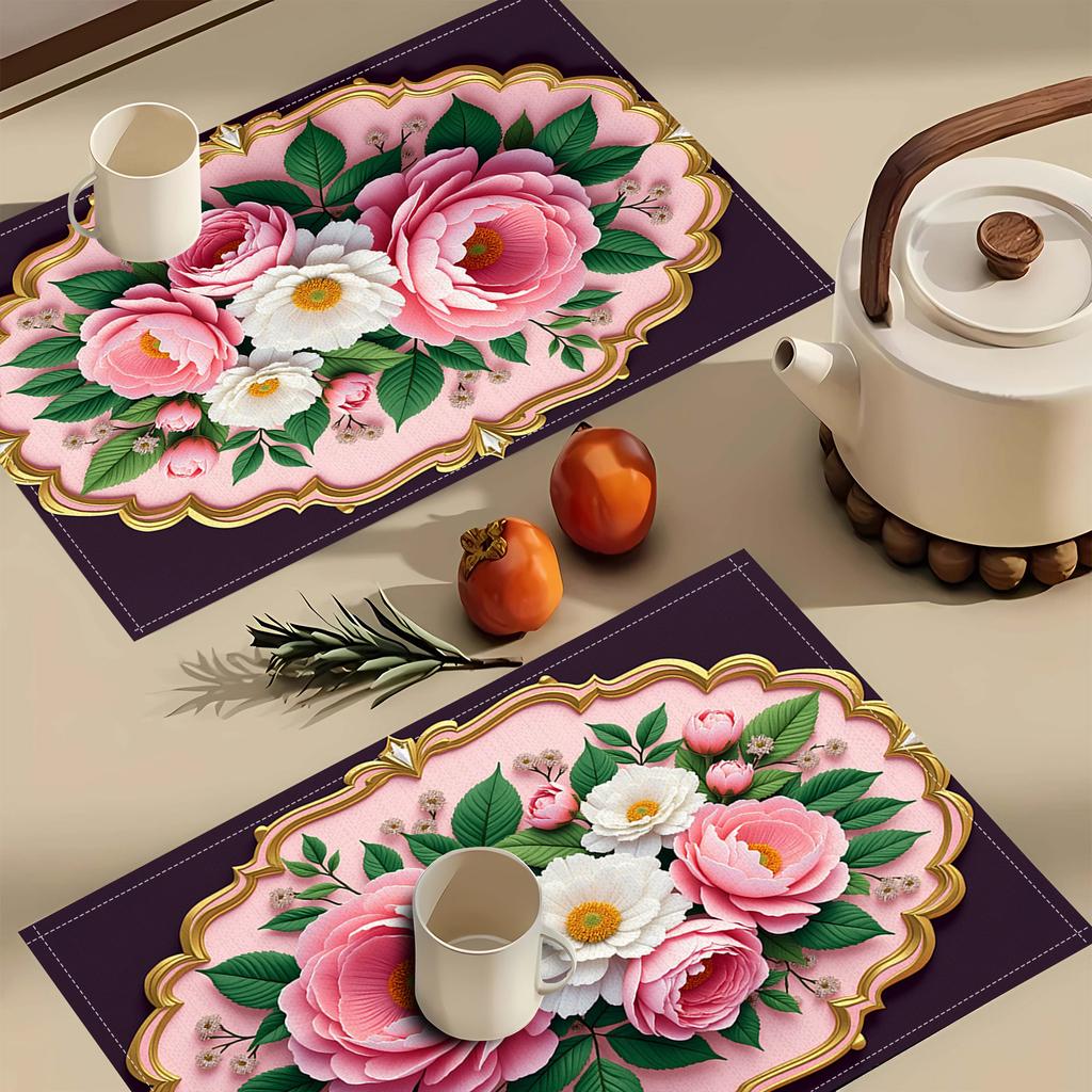 4pcs/6pcs Christmas Decorative Linen Placemats, Featuring a 2D Flat Pattern Print with Pink Borders And Floral Designs. The Pink Borders Paired with
