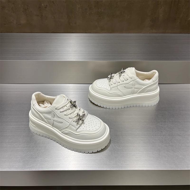 Women's Rhinestone Platform White Sneakers - Thick-Soled, Versatile Height-Increasing, Round-Toe Casual Shoes for Spring 2025.