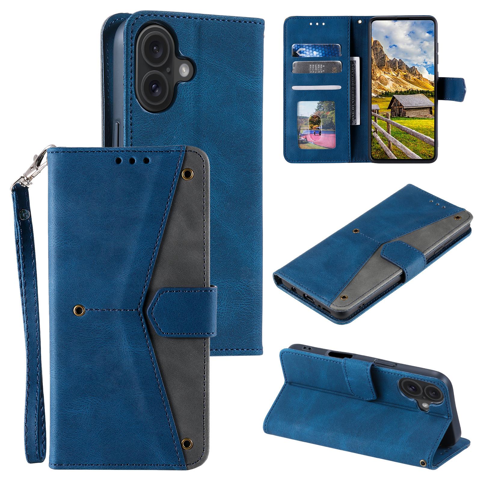 For iPhone 17 Leather Case Splicing Stitching Wallet Phone Cover with Wrist Strap B