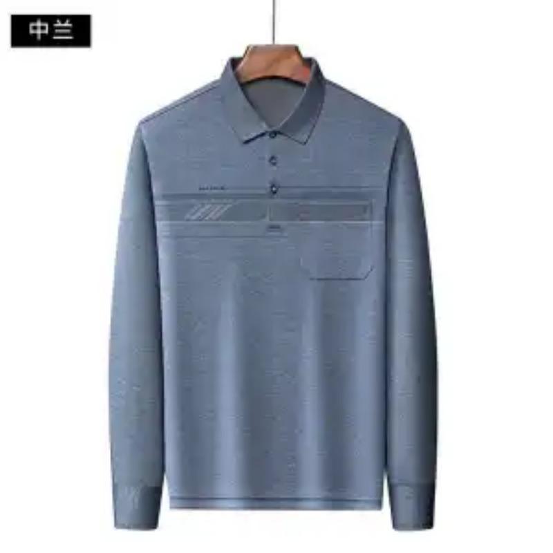 Spring Autumn High-end Middle-aged Elderly Men's T-shirts Long-sleeved  Loose Inner Shirt Collar Button  Tops