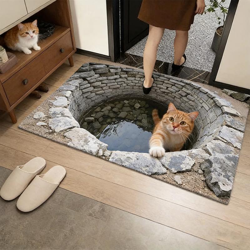 Cute Kitten Door Mat Stone Hole Water Well 2D Printed Carpet Endless Abyss Pattern Living Room Bedroom Decorative Floor Mat