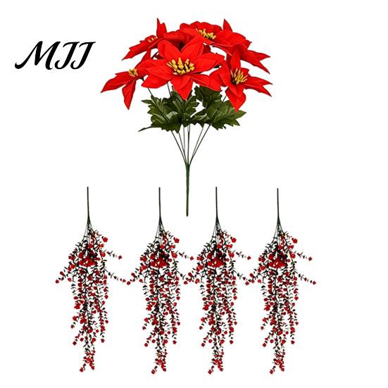 Pendant Bouquet for Window Christmas Poinsettia Hanging Garland, Artificial Silk Flowers with Red Berries Festive Balcony Ornament And Greenery, 85cm