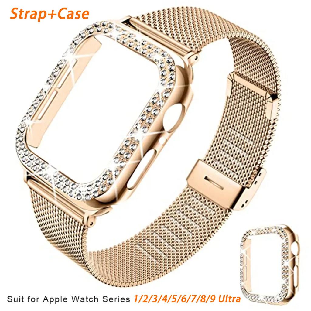 Diamond Case+Metal Strap For iWatch Ultra 2 Band 49mm 41mm 40mm Stainless Steel Bracelet For Apple Watch 9 8 7 45mm 44mm 42mm