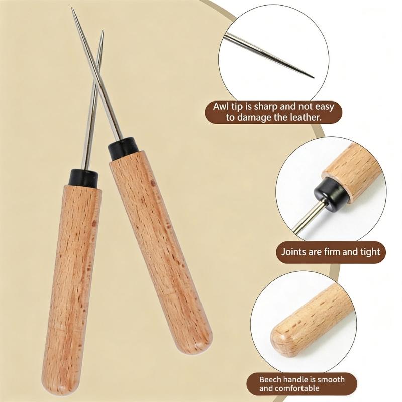 Pack of 2 Sturdy Corrosions Resistant Awls Featuring Wooden Grips for Long Time Use Handcraft Applications