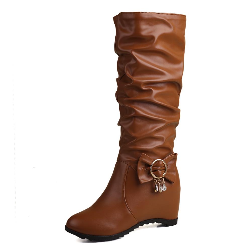 Wedge Platform Women High Boots Knee High Boots Girls Slip On Fashion Height Heel Wedge Boot Bow Buckle Casual Shoes Woman