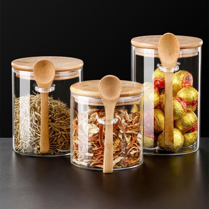 Glass Jar with Spoon: Bamboo Lid Kitchen Storage for Grains and Dried Fruits
