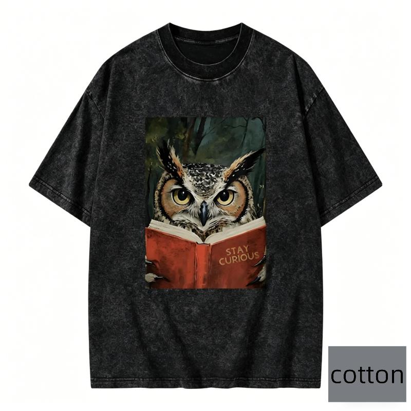 Oversized Short Sleeve Tshirt Crew Neck Tee with Watercolor Owl Reading Graphic Vintage Nature Lover Casual Daily Wear Top S