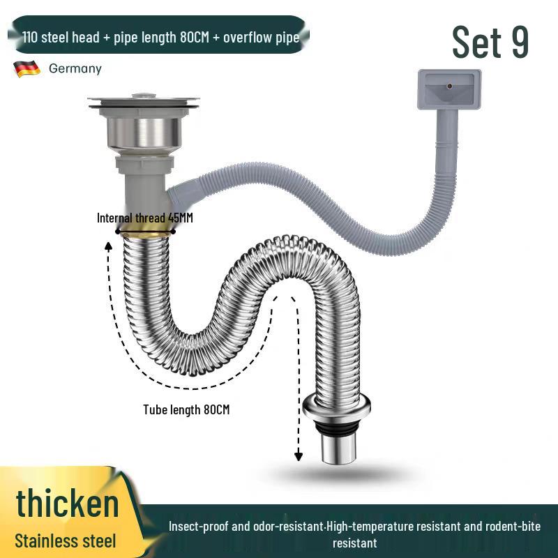 Stainless Steel Kitchen Sink Drainage Pipe Set with Anti-Odor Device