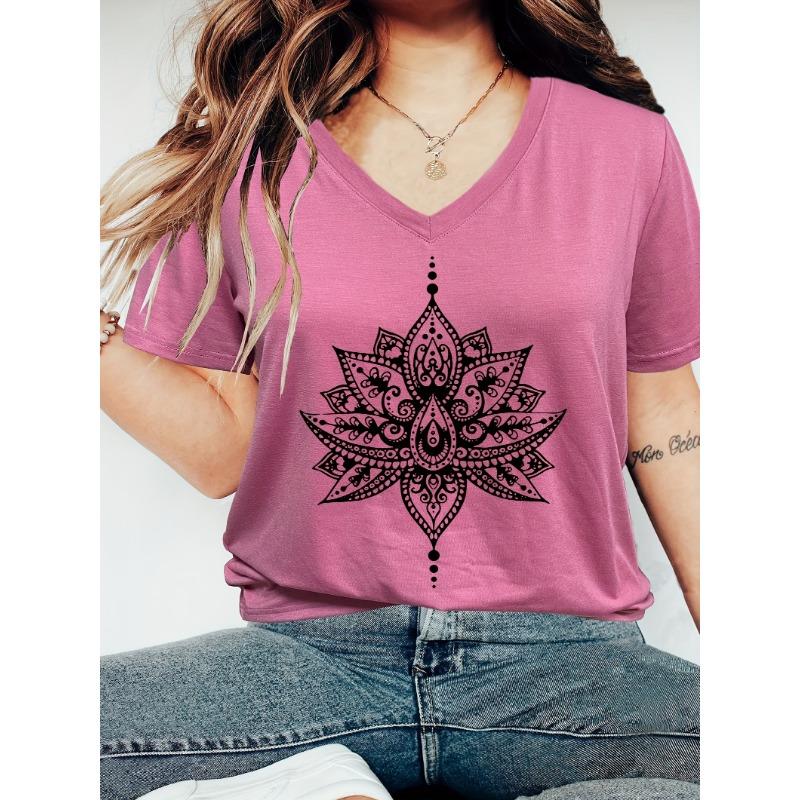 Lotus Print Large Size Women's V-Neck Short Sleeve T-Shirt