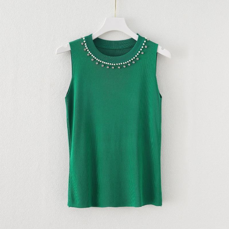 Women Summer New Round Neck Beading Tank Tops Elegant Slim Fit Knitted Casual Base Female Sleeveless Tanks Vest Simple Sweet Fashion Lady Camis 3115
